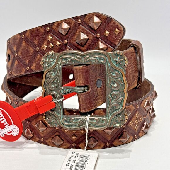 NWT $74 Justin Rough Diamond Studded Western Belt Brown Leather Women’s Size 30 - Picture 2 of 11
